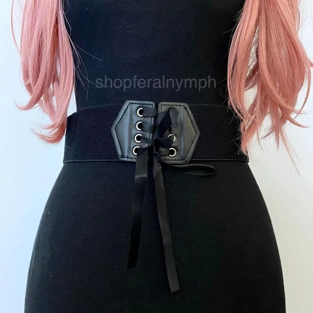 Black Y2K Lace Up Corset Stretch Wide Waist Belt, Fits Up to 27 Inches, X7GA1312